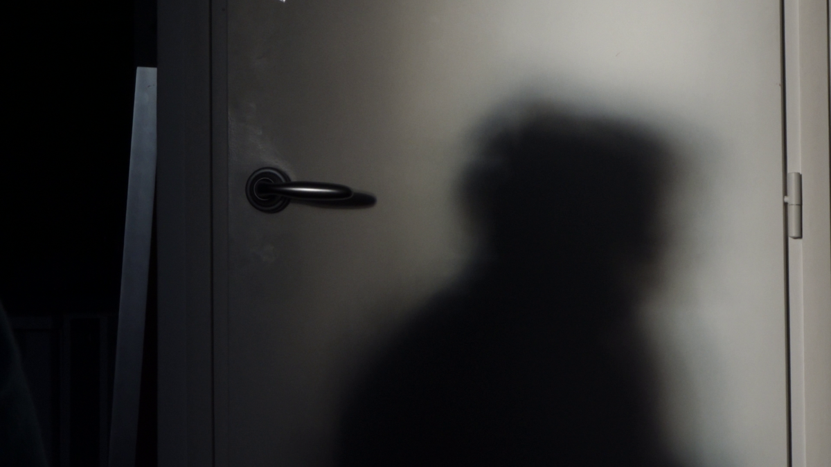 Photo d'une porte sur laquelle on voit une ombre de profil.
image extraite du documentaire Vue de profil ma mère est légèrement plus sombre que d'habitude